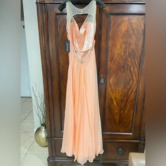 LA FEMME Apricot Open back chiffon gown